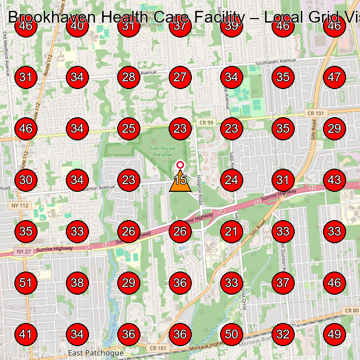 Brookhaven Health Care Facility GeoGrid visibility map for Nursing Home in Holtsville
